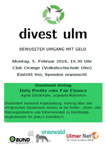 Divestment-Vortrag am 05.02.2018 im Club Orange der Ulmer Volkshochschule